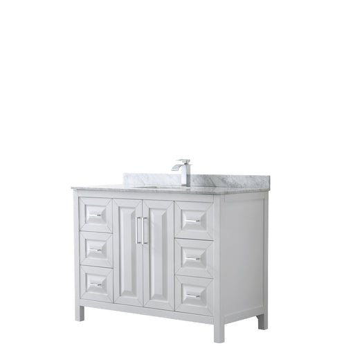 Wyndham Daria 48 Inch Single Bathroom Vanity in White, White Carrara Marble Countertop, Undermount Square Sink, and No Mirror- Wyndham