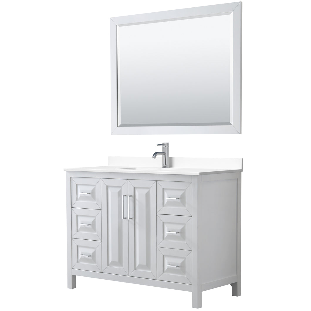 Wyndham Daria 48 Inch Single Bathroom Vanity in White, White Cultured Marble Countertop, Undermount Square Sink, 46 Inch Mirror- Wyndham