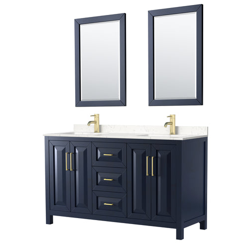 Wyndham Daria 60 Inch Double Bathroom Vanity in Dark Blue, Light-Vein Carrara Cultured Marble Countertop, Undermount Square Sinks, 24 Inch Mirrors- Wyndham