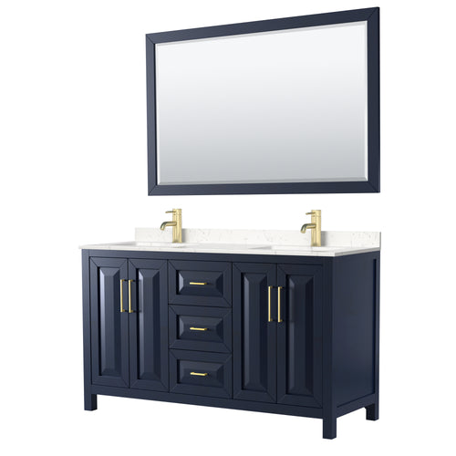 Wyndham Daria 60 Inch Double Bathroom Vanity in Dark Blue, Light-Vein Carrara Cultured Marble Countertop, Undermount Square Sinks, 58 Inch Mirror- Wyndham
