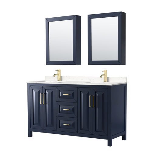 Wyndham Daria 60 Inch Double Bathroom Vanity in Dark Blue, Light-Vein Carrara Cultured Marble Countertop, Undermount Square Sinks, Medicine Cabinets- Wyndham