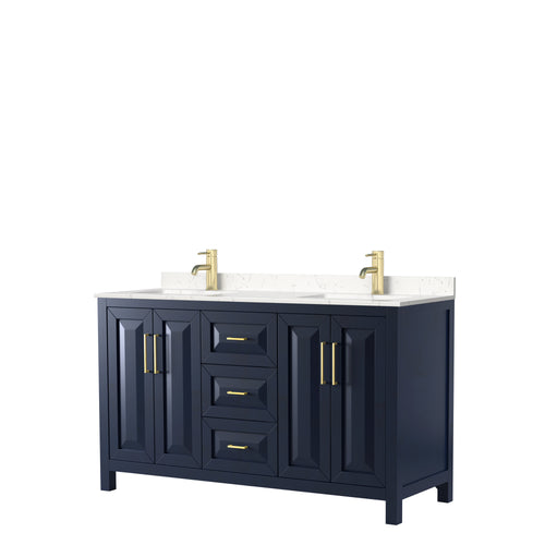 Wyndham Daria 60 Inch Double Bathroom Vanity in Dark Blue, Light-Vein Carrara Cultured Marble Countertop, Undermount Square Sinks, No Mirror- Wyndham