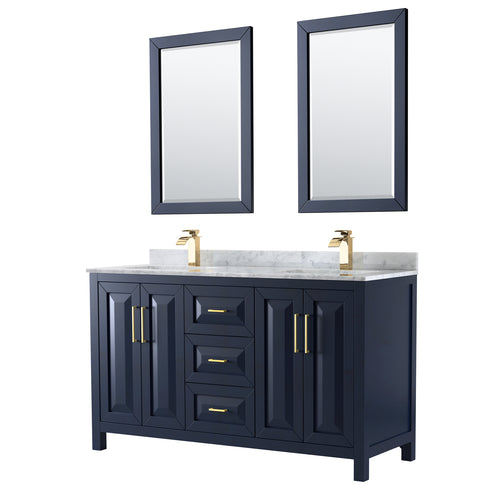 Wyndham Daria 60 Inch Double Bathroom Vanity in Dark Blue, White Carrara Marble Countertop, Undermount Square Sinks, 24 Inch Mirrors- Wyndham