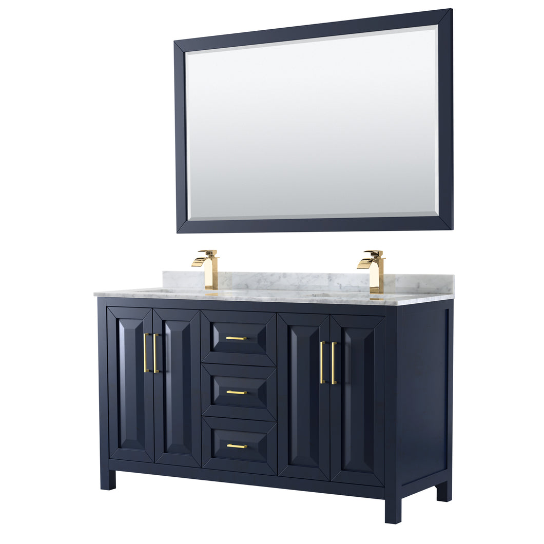 Wyndham Daria 60 Inch Double Bathroom Vanity in Dark Blue, White Carrara Marble Countertop, Undermount Square Sinks, 58 Inch Mirror- Wyndham