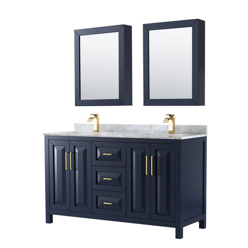 Wyndham Daria 60 Inch Double Bathroom Vanity in Dark Blue, White Carrara Marble Countertop, Undermount Square Sinks, Medicine Cabinets- Wyndham