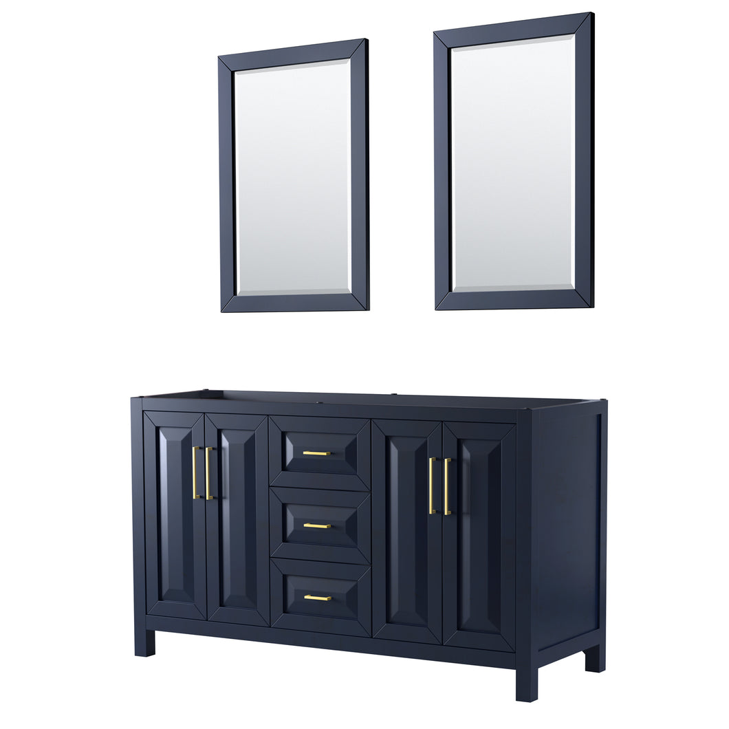 Wyndham Daria 60 Inch Double Bathroom Vanity in Dark Blue, No Countertop, No Sink, 24 Inch Mirrors- Wyndham