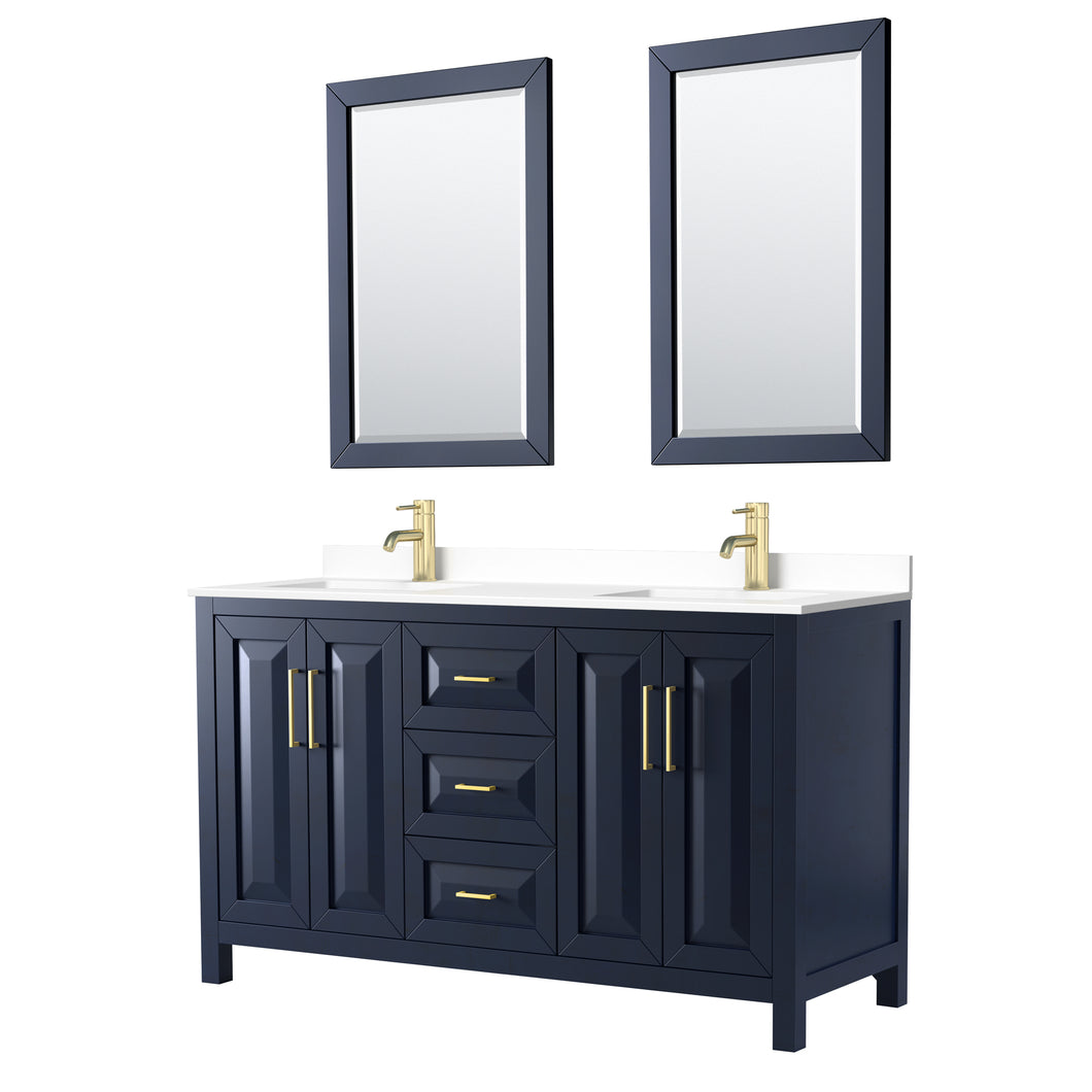 Wyndham Daria 60 Inch Double Bathroom Vanity in Dark Blue, White Cultured Marble Countertop, Undermount Square Sinks, 24 Inch Mirrors- Wyndham