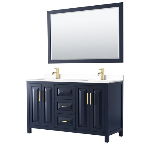 Wyndham Daria 60 Inch Double Bathroom Vanity in Dark Blue, White Cultured Marble Countertop, Undermount Square Sinks, 58 Inch Mirror- Wyndham