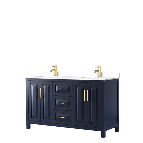 Wyndham Daria 60 Inch Double Bathroom Vanity in Dark Blue, White Cultured Marble Countertop, Undermount Square Sinks, No Mirror- Wyndham