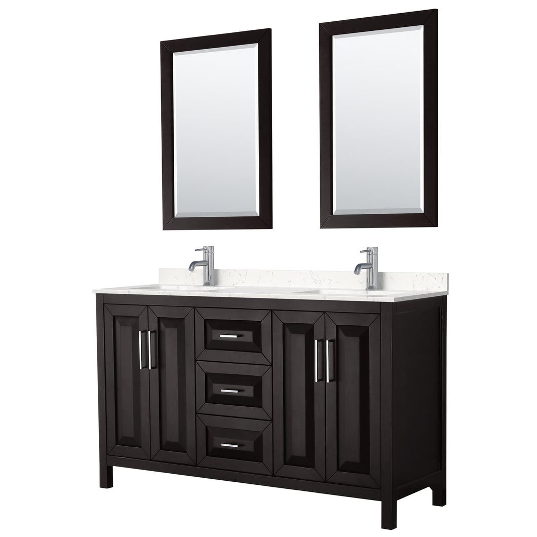 Wyndham Daria 60 Inch Double Bathroom Vanity in Dark Espresso, Light-Vein Carrara Cultured Marble Countertop, Undermount Square Sinks, 24 Inch Mirrors- Wyndham