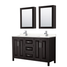 Load image into Gallery viewer, Wyndham Daria 60 Inch Double Bathroom Vanity in Dark Espresso, Light-Vein Carrara Cultured Marble Countertop, Undermount Square Sinks, Medicine Cabinets- Wyndham