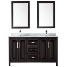 Load image into Gallery viewer, Wyndham Daria 60 Inch Double Bathroom Vanity in Dark Espresso, White Carrara Marble Countertop, Undermount Square Sinks, and 24 Inch Mirrors- Wyndham