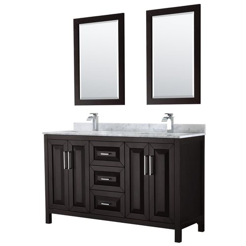 Wyndham Daria 60 Inch Double Bathroom Vanity in Dark Espresso, White Carrara Marble Countertop, Undermount Square Sinks, and 24 Inch Mirrors- Wyndham