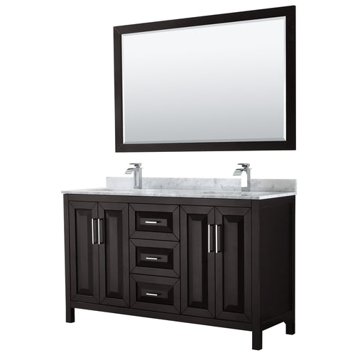Wyndham Daria 60 Inch Double Bathroom Vanity in Dark Espresso, White Carrara Marble Countertop, Undermount Square Sinks, and 58 Inch Mirror- Wyndham
