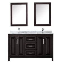 Load image into Gallery viewer, Wyndham Daria 60 Inch Double Bathroom Vanity in Dark Espresso, White Carrara Marble Countertop, Undermount Square Sinks, and Medicine Cabinets- Wyndham