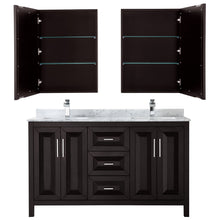 Load image into Gallery viewer, Wyndham Daria 60 Inch Double Bathroom Vanity in Dark Espresso, White Carrara Marble Countertop, Undermount Square Sinks, and Medicine Cabinets- Wyndham