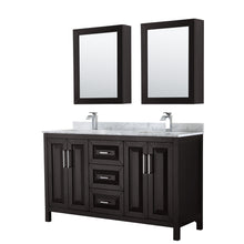 Load image into Gallery viewer, Wyndham Daria 60 Inch Double Bathroom Vanity in Dark Espresso, White Carrara Marble Countertop, Undermount Square Sinks, and Medicine Cabinets- Wyndham