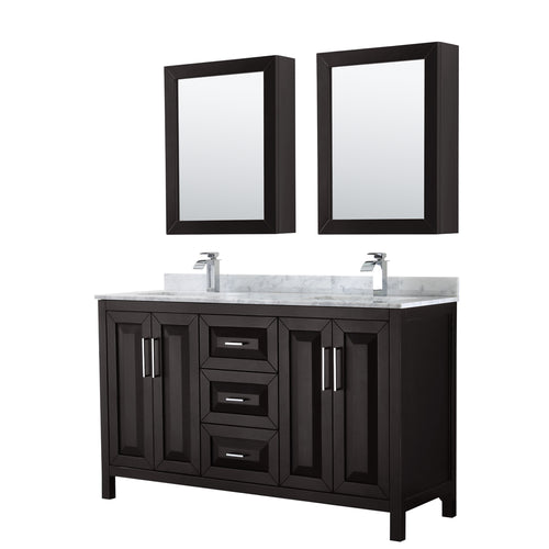 Wyndham Daria 60 Inch Double Bathroom Vanity in Dark Espresso, White Carrara Marble Countertop, Undermount Square Sinks, and Medicine Cabinets- Wyndham