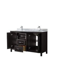 Load image into Gallery viewer, Wyndham Daria 60 Inch Double Bathroom Vanity in Dark Espresso, White Carrara Marble Countertop, Undermount Square Sinks, and No Mirror- Wyndham