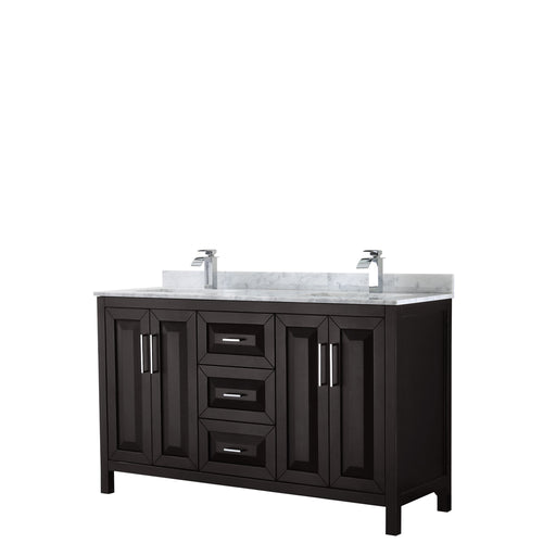 Wyndham Daria 60 Inch Double Bathroom Vanity in Dark Espresso, White Carrara Marble Countertop, Undermount Square Sinks, and No Mirror- Wyndham
