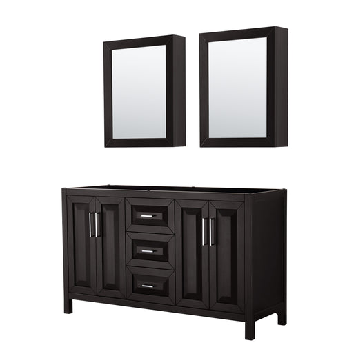 Wyndham Daria 60 Inch Double Bathroom Vanity in Dark Espresso, No Countertop, No Sink, and Medicine Cabinets- Wyndham