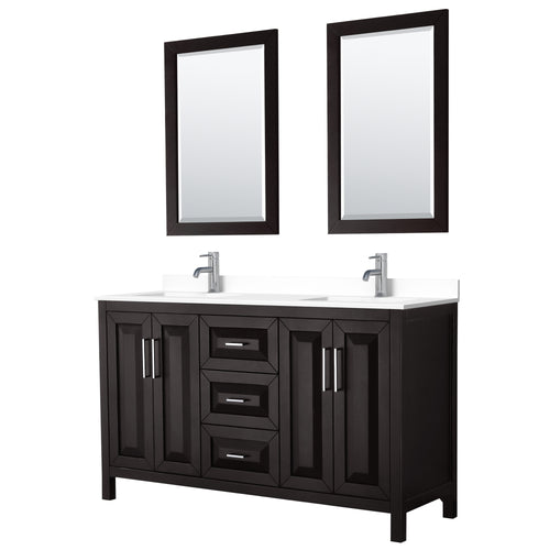 Wyndham Daria 60 Inch Double Bathroom Vanity in Dark Espresso, White Cultured Marble Countertop, Undermount Square Sinks, 24 Inch Mirrors- Wyndham
