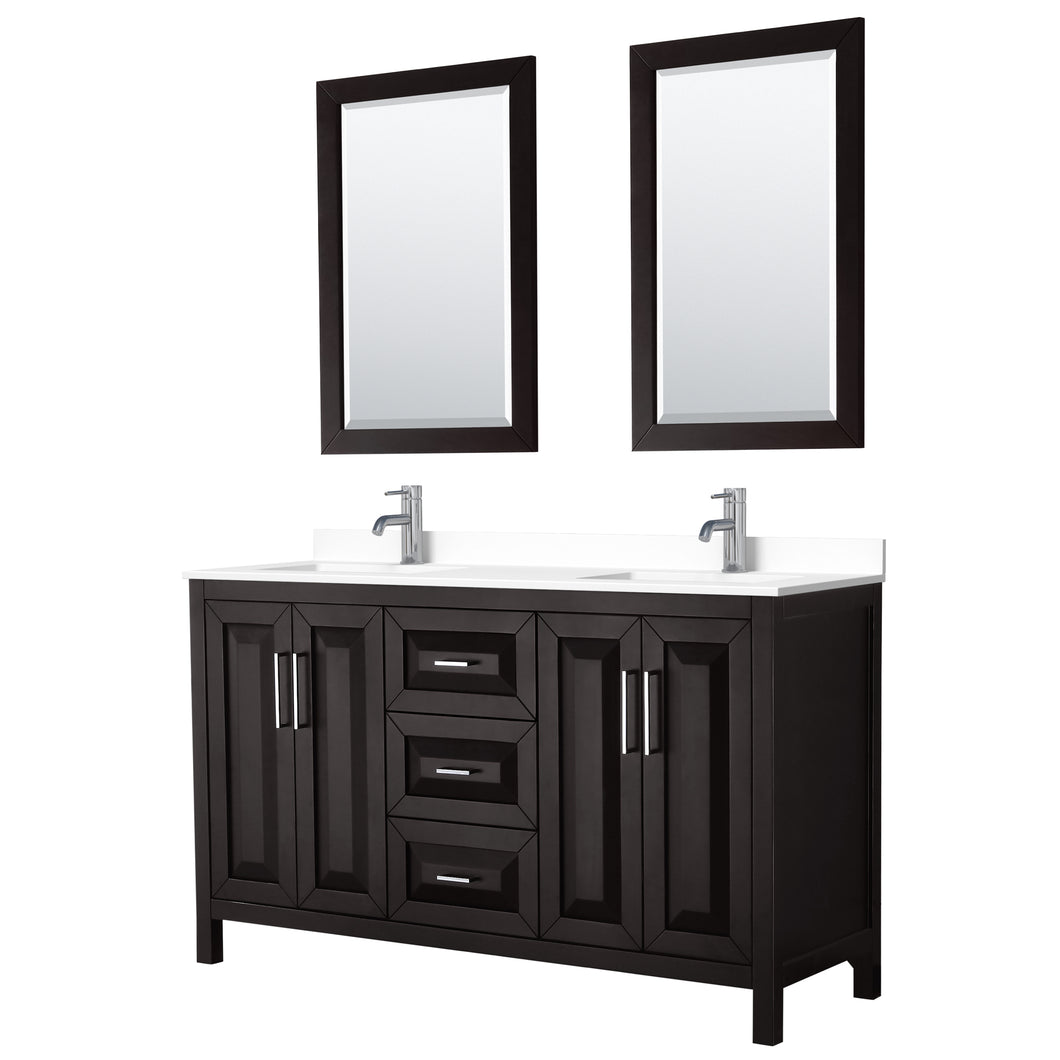 Wyndham Daria 60 Inch Double Bathroom Vanity in Dark Espresso, White Cultured Marble Countertop, Undermount Square Sinks, 24 Inch Mirrors- Wyndham