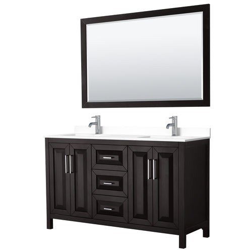 Wyndham Daria 60 Inch Double Bathroom Vanity in Dark Espresso, White Cultured Marble Countertop, Undermount Square Sinks, 58 Inch Mirror- Wyndham