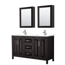 Load image into Gallery viewer, Wyndham Daria 60 Inch Double Bathroom Vanity in Dark Espresso, White Cultured Marble Countertop, Undermount Square Sinks, Medicine Cabinets- Wyndham