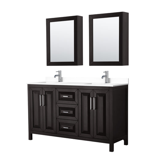 Wyndham Daria 60 Inch Double Bathroom Vanity in Dark Espresso, White Cultured Marble Countertop, Undermount Square Sinks, Medicine Cabinets- Wyndham