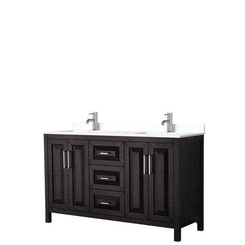 Wyndham Daria 60 Inch Double Bathroom Vanity in Dark Espresso, White Cultured Marble Countertop, Undermount Square Sinks, No Mirror- Wyndham