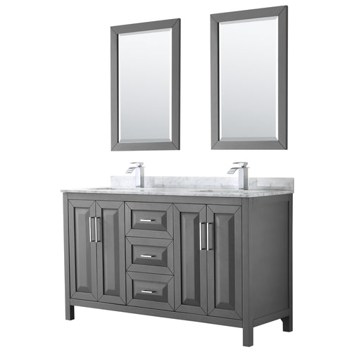 Wyndham Daria 60 Inch Double Bathroom Vanity in Dark Gray, White Carrara Marble Countertop, Undermount Square Sinks, and 24 Inch Mirrors- Wyndham