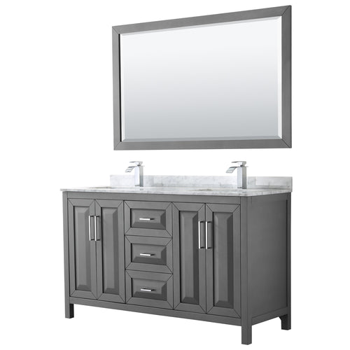 Wyndham Daria 60 Inch Double Bathroom Vanity in Dark Gray, White Carrara Marble Countertop, Undermount Square Sinks, and 58 Inch Mirror- Wyndham