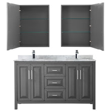 Load image into Gallery viewer, Wyndham Daria 60 Inch Double Bathroom Vanity in Dark Gray, White Carrara Marble Countertop, Undermount Square Sinks, and Medicine Cabinets- Wyndham
