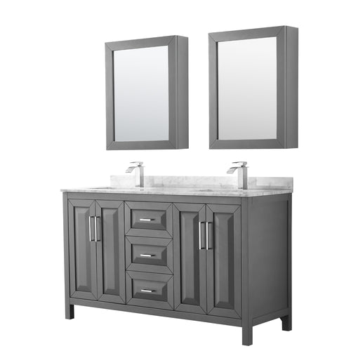 Wyndham Daria 60 Inch Double Bathroom Vanity in Dark Gray, White Carrara Marble Countertop, Undermount Square Sinks, and Medicine Cabinets- Wyndham