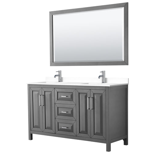 Wyndham Daria 60 Inch Double Bathroom Vanity in Dark Gray, White Cultured Marble Countertop, Undermount Square Sinks, 58 Inch Mirror- Wyndham