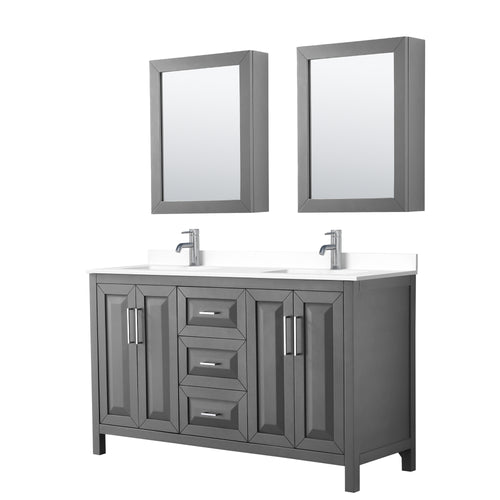 Wyndham Daria 60 Inch Double Bathroom Vanity in Dark Gray, White Cultured Marble Countertop, Undermount Square Sinks, Medicine Cabinets- Wyndham