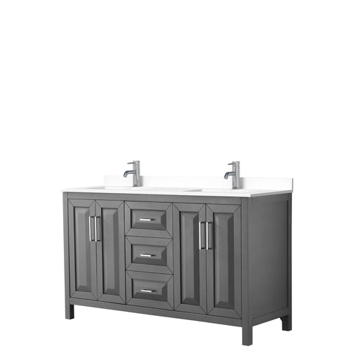 Wyndham Daria 60 Inch Double Bathroom Vanity in Dark Gray, White Cultured Marble Countertop, Undermount Square Sinks, No Mirror- Wyndham