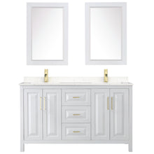 Load image into Gallery viewer, Wyndham Daria 60 Inch Double Bathroom Vanity in White, Light-Vein Carrara Cultured Marble Countertop, Undermount Square Sinks, 24 Inch Mirrors, Brushed Gold Trim- Wyndham