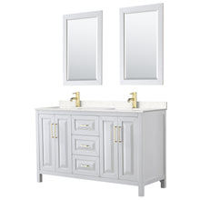 Load image into Gallery viewer, Wyndham Daria 60 Inch Double Bathroom Vanity in White, Light-Vein Carrara Cultured Marble Countertop, Undermount Square Sinks, 24 Inch Mirrors, Brushed Gold Trim- Wyndham