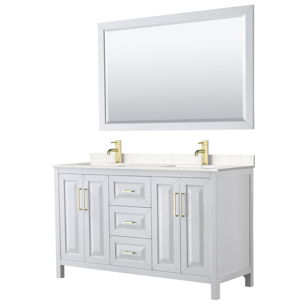 Wyndham Daria 60 Inch Double Bathroom Vanity in White, Light-Vein Carrara Cultured Marble Countertop, Undermount Square Sinks, 58 Inch Mirror, Brushed Gold Trim- Wyndham