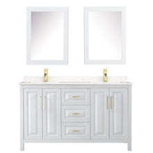 Load image into Gallery viewer, Wyndham Daria 60 Inch Double Bathroom Vanity in White, Light-Vein Carrara Cultured Marble Countertop, Undermount Square Sinks, Medicine Cabinets, Brushed Gold Trim- Wyndham