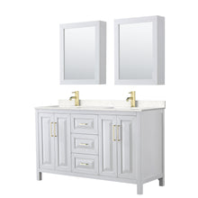 Load image into Gallery viewer, Wyndham Daria 60 Inch Double Bathroom Vanity in White, Light-Vein Carrara Cultured Marble Countertop, Undermount Square Sinks, Medicine Cabinets, Brushed Gold Trim- Wyndham