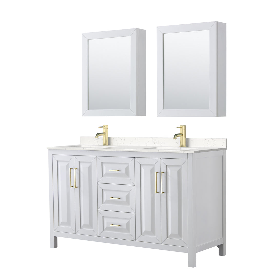 Wyndham Daria 60 Inch Double Bathroom Vanity in White, Light-Vein Carrara Cultured Marble Countertop, Undermount Square Sinks, Medicine Cabinets, Brushed Gold Trim- Wyndham