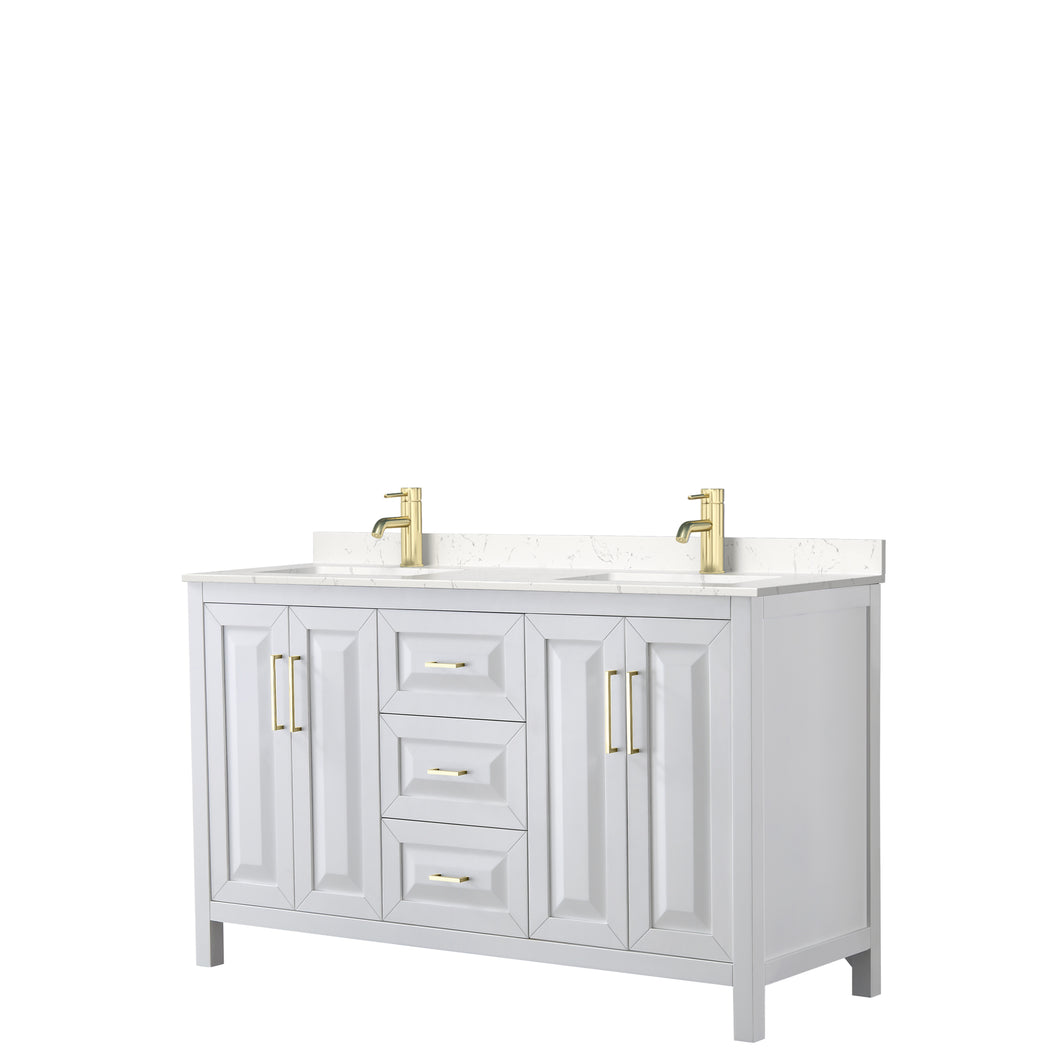 Wyndham Daria 60 Inch Double Bathroom Vanity in White, Light-Vein Carrara Cultured Marble Countertop, Undermount Square Sinks, Brushed Gold Trim- Wyndham