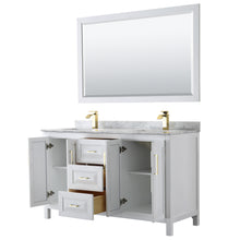 Load image into Gallery viewer, Wyndham Daria 60 Inch Double Bathroom Vanity in White, White Carrara Marble Countertop, Undermount Square Sinks, 58 Inch Mirror, Brushed Gold Trim- Wyndham