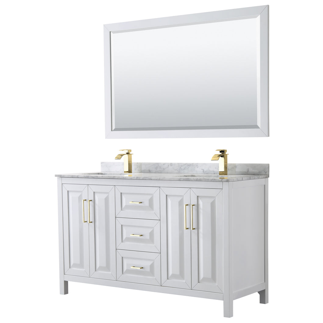 Wyndham Daria 60 Inch Double Bathroom Vanity in White, White Carrara Marble Countertop, Undermount Square Sinks, 58 Inch Mirror, Brushed Gold Trim- Wyndham