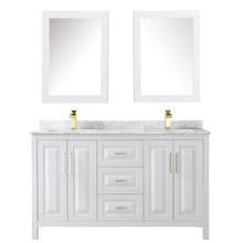 Load image into Gallery viewer, Wyndham Daria 60 Inch Double Bathroom Vanity in White, White Carrara Marble Countertop, Undermount Square Sinks, Medicine Cabinets, Brushed Gold Trim- Wyndham