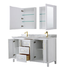 Load image into Gallery viewer, Wyndham Daria 60 Inch Double Bathroom Vanity in White, White Carrara Marble Countertop, Undermount Square Sinks, Medicine Cabinets, Brushed Gold Trim- Wyndham