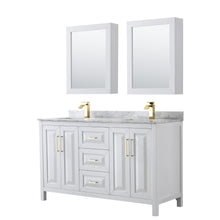 Load image into Gallery viewer, Wyndham Daria 60 Inch Double Bathroom Vanity in White, White Carrara Marble Countertop, Undermount Square Sinks, Medicine Cabinets, Brushed Gold Trim- Wyndham